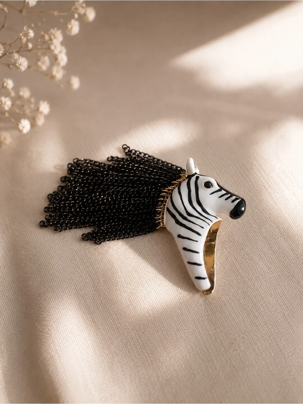 Zebra Statement Ring Black White Gold Chain Mane